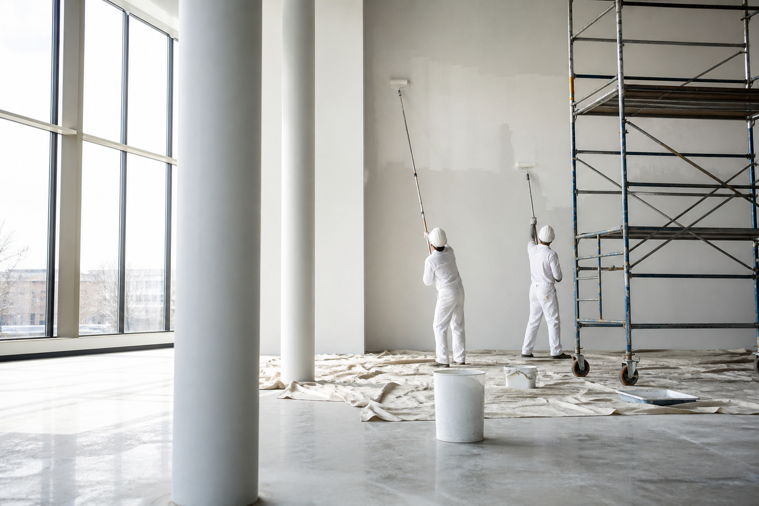 Commercial painting crew working on an office building interior in Winnipeg